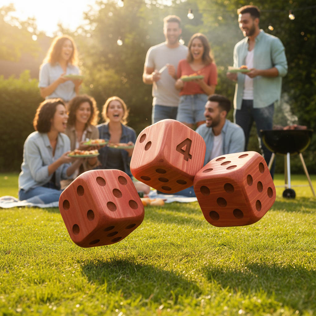 Oversized red pine wooden dice mid-roll at a lively backyard summer cookout