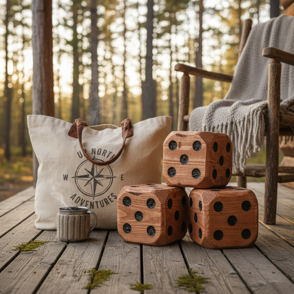 Oversized red pine wooden dice set with surprise carry tote on rustic cabin porch