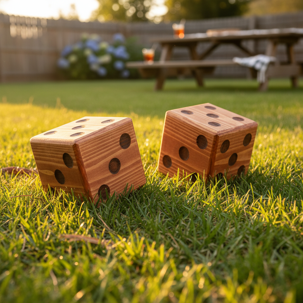 Oversized red pine wooden dice set rolling on green grass at golden hour